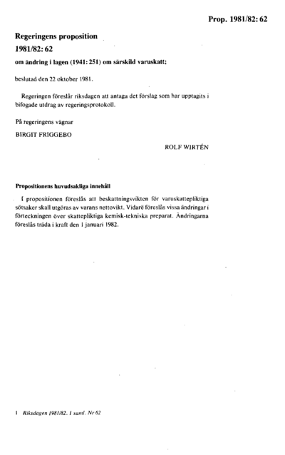 Omslaget till prop. 1981/82:62