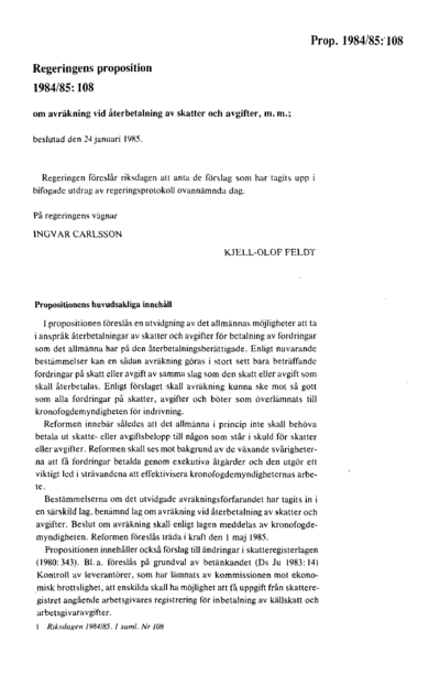 Omslaget till prop. 1984/85:108