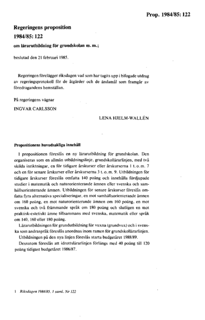 Omslaget till prop. 1984/85:122