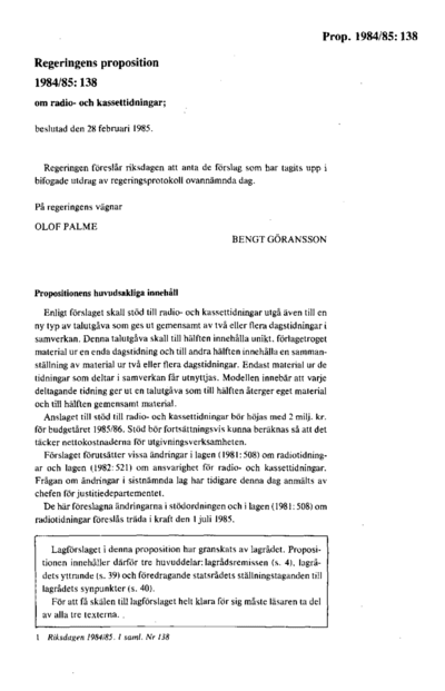 Omslaget till prop. 1984/85:138