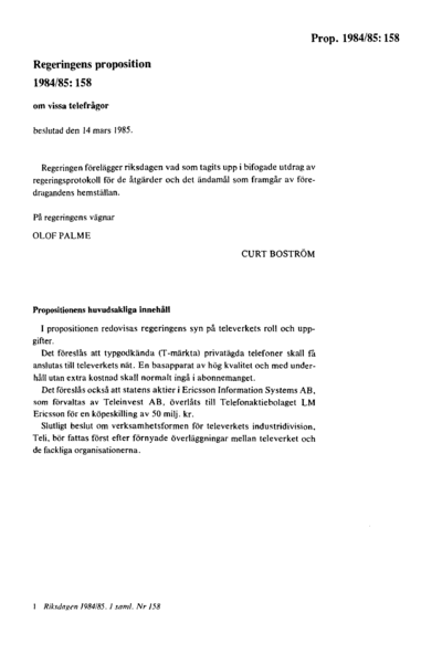 Omslaget till prop. 1984/85:158