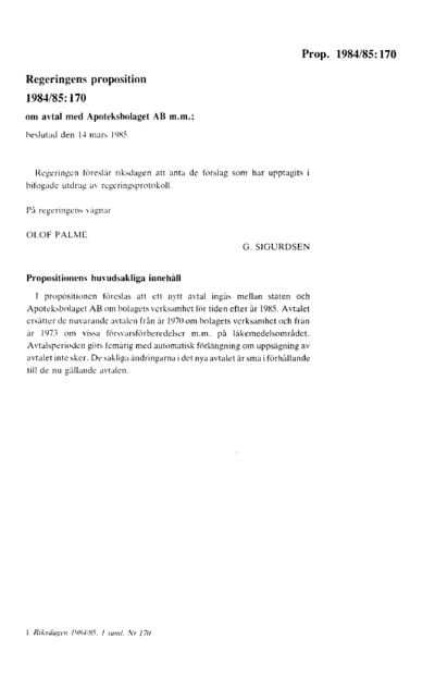 Omslaget till prop. 1984/85:170