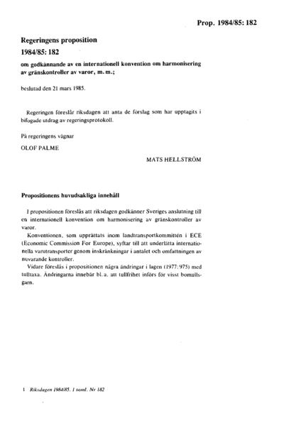 Omslaget till prop. 1984/85:182