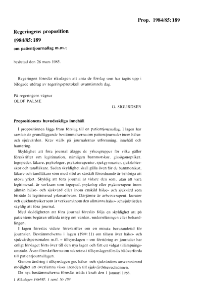 Omslaget till prop. 1984/85:189