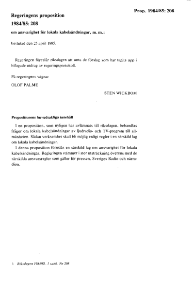 Omslaget till prop. 1984/85:208