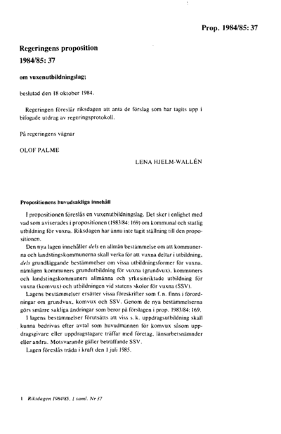 Omslaget till prop. 1984/85:37