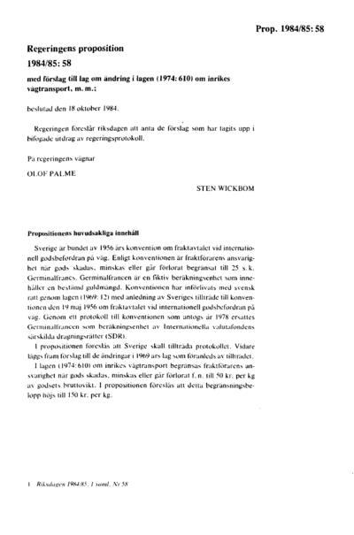 Omslaget till prop. 1984/85:58