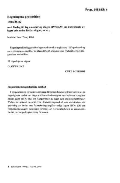 Omslaget till prop. 1984/85:6