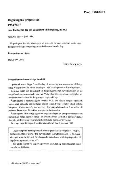 Omslaget till prop. 1984/85:7