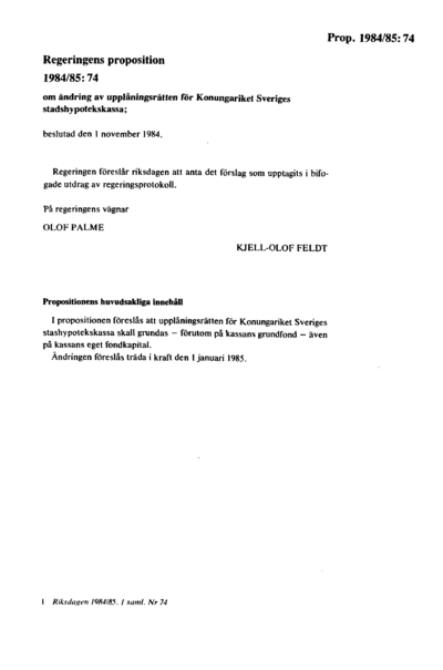 Omslaget till prop. 1984/85:74