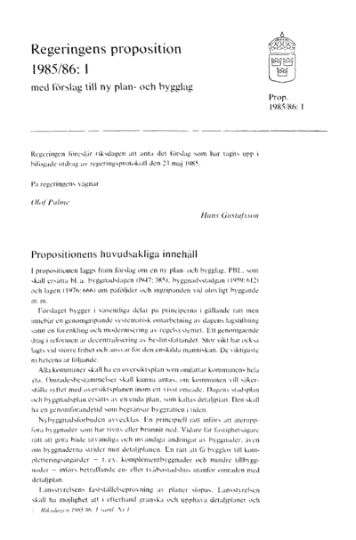 Omslaget till prop. 1985/86:1