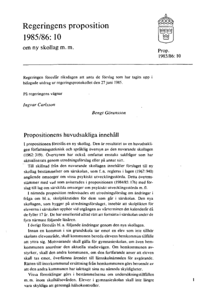 Omslaget till prop. 1985/86:10