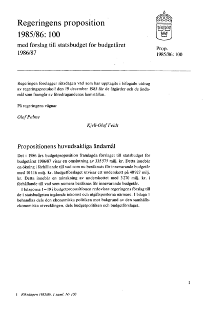 Omslaget till prop. 1985/86:100