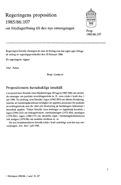 Omslaget till prop. 1985/86:107