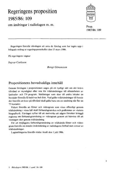 Omslaget till prop. 1985/86:109