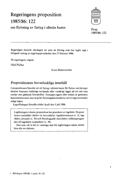 Omslaget till prop. 1985/86:122