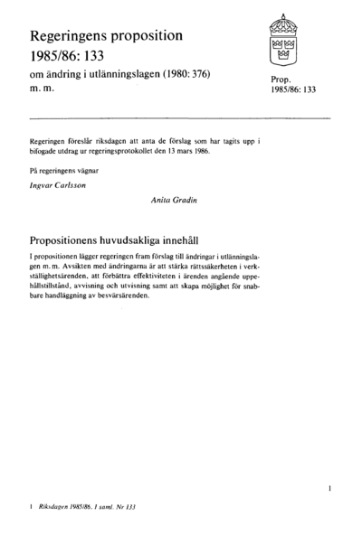 Omslaget till prop. 1985/86:133