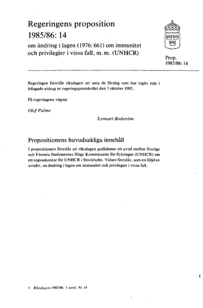 Omslaget till prop. 1985/86:14