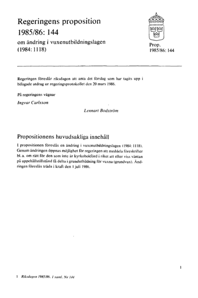 Omslaget till prop. 1985/86:144