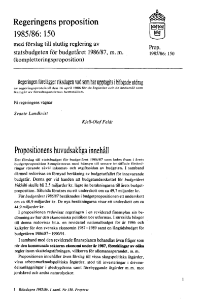 Omslaget till prop. 1985/86:150