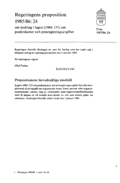 Omslaget till prop. 1985/86:24