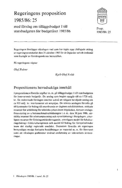 Omslaget till prop. 1985/86:25
