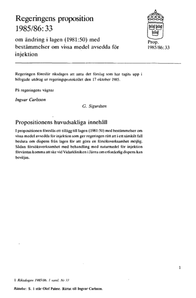 Omslaget till prop. 1985/86:33