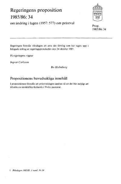 Omslaget till prop. 1985/86:34