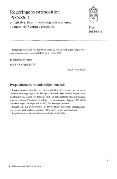 Omslaget till prop. 1985/86:4