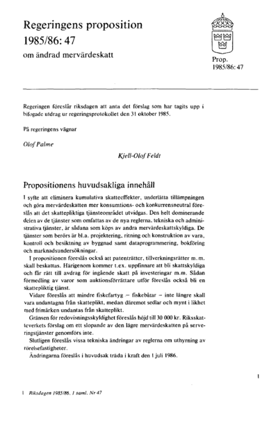 Omslaget till prop. 1985/86:47