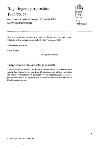 Omslaget till prop. 1985/86:54