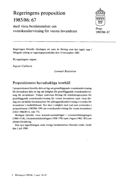 Omslaget till prop. 1985/86:67