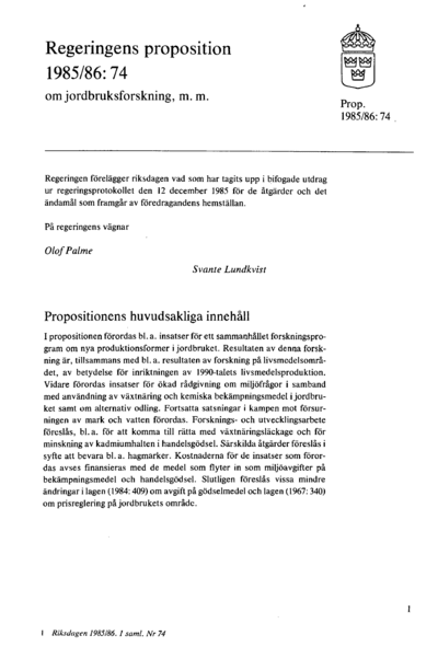 Omslaget till prop. 1985/86:74