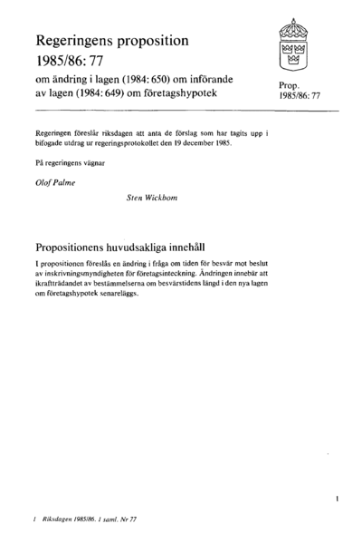 Omslaget till prop. 1985/86:77