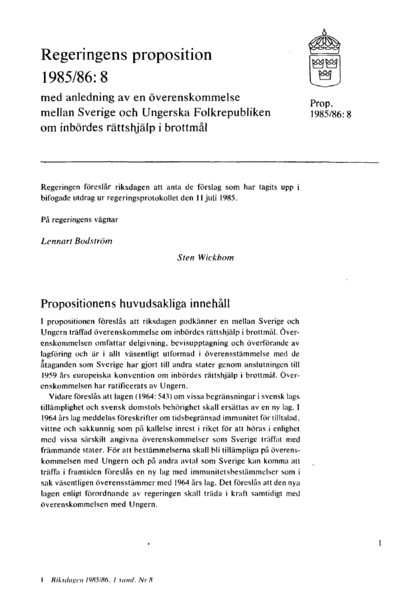 Omslaget till prop. 1985/86:8