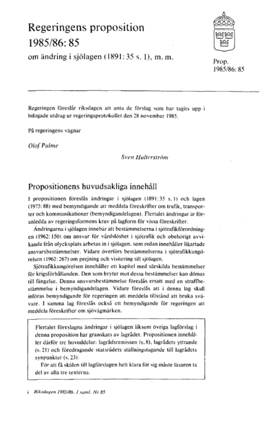 Omslaget till prop. 1985/86:85