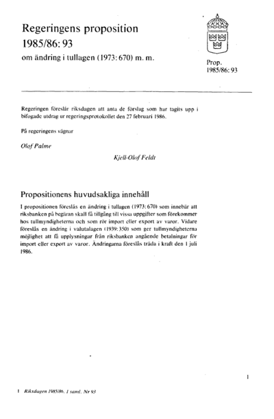 Omslaget till prop. 1985/86:93
