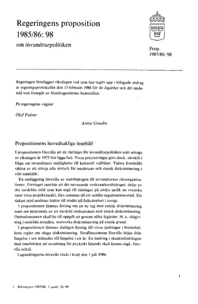 Omslaget till prop. 1985/86:98