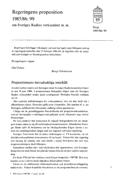Omslaget till prop. 1985/86:99