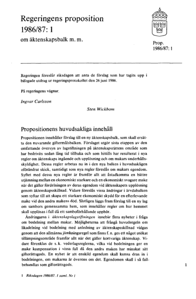 Omslaget till prop. 1986/87:1