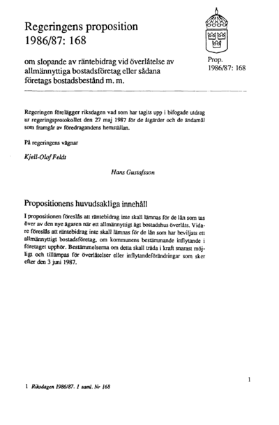 Omslaget till prop. 1986/87:168