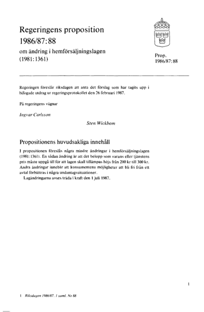 Omslaget till prop. 1986/87:88