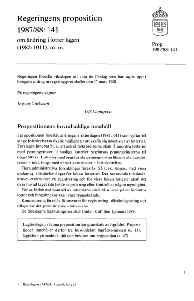 Omslaget till prop. 1987/88:141
