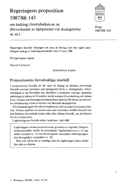 Omslaget till prop. 1987/88:143
