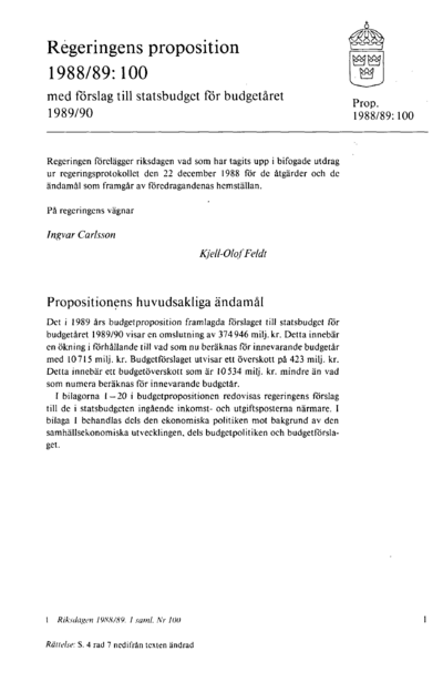 Omslaget till prop. 1988/89:100