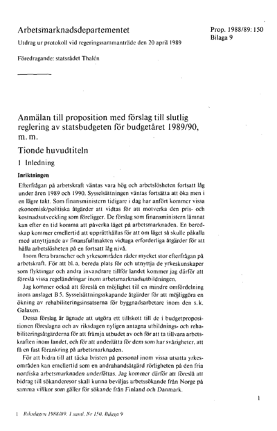 Omslaget till prop. 1988/89:150