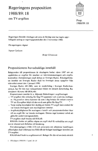 Omslaget till prop. 1988/89:18
