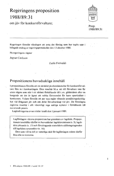 Omslaget till prop. 1988/89:31