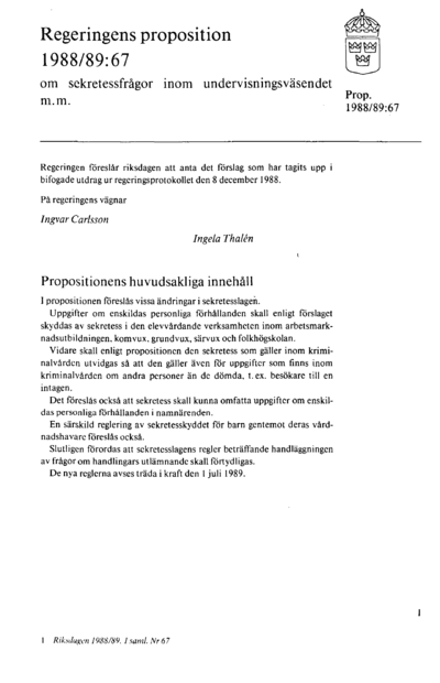 Omslaget till prop. 1988/89:67