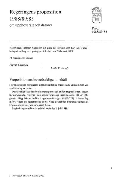 Omslaget till prop. 1988/89:85